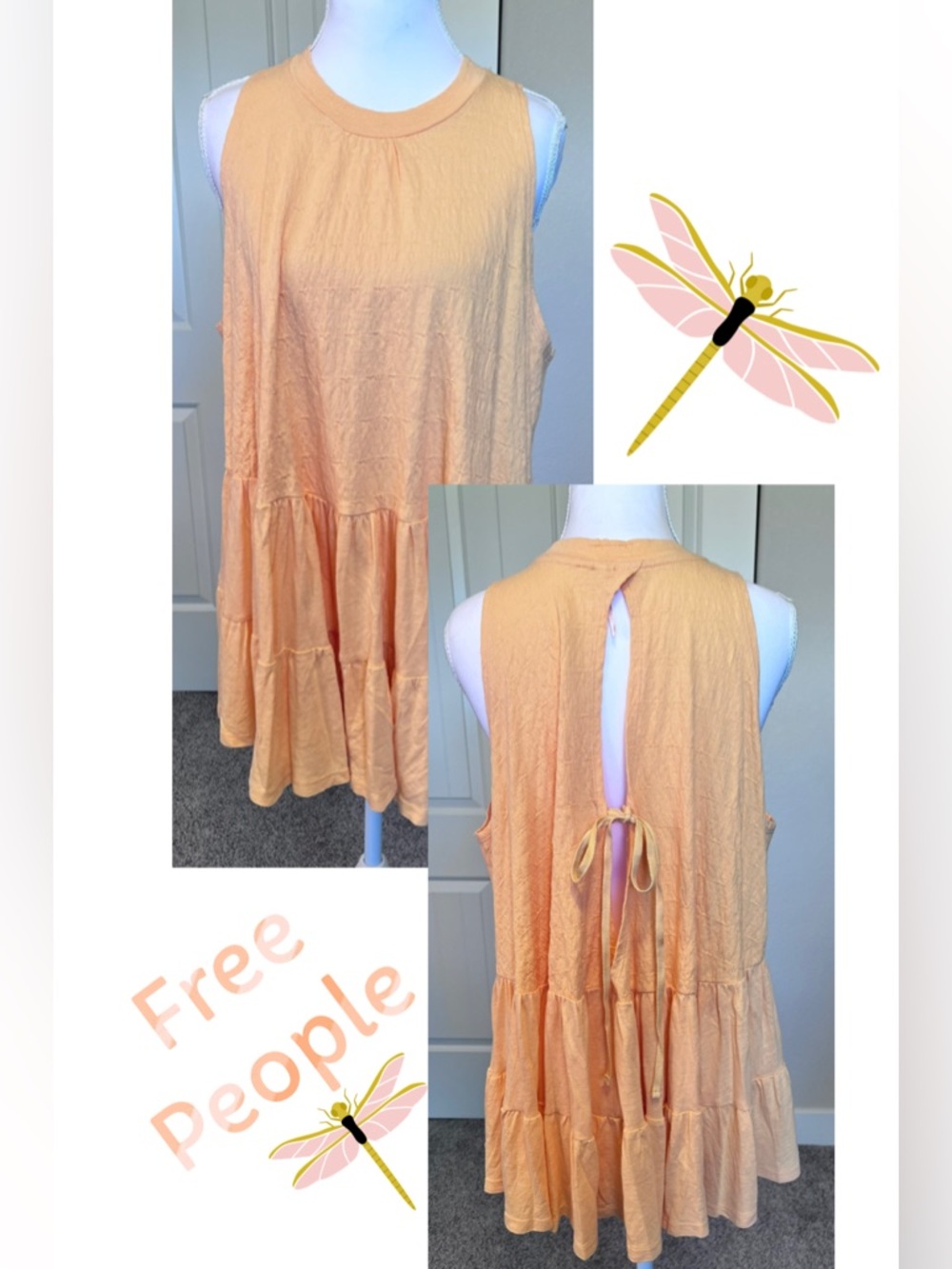 Free People Right On Time Ruffle Cute Tie in Back Tunic Tank Apricot Sz Small